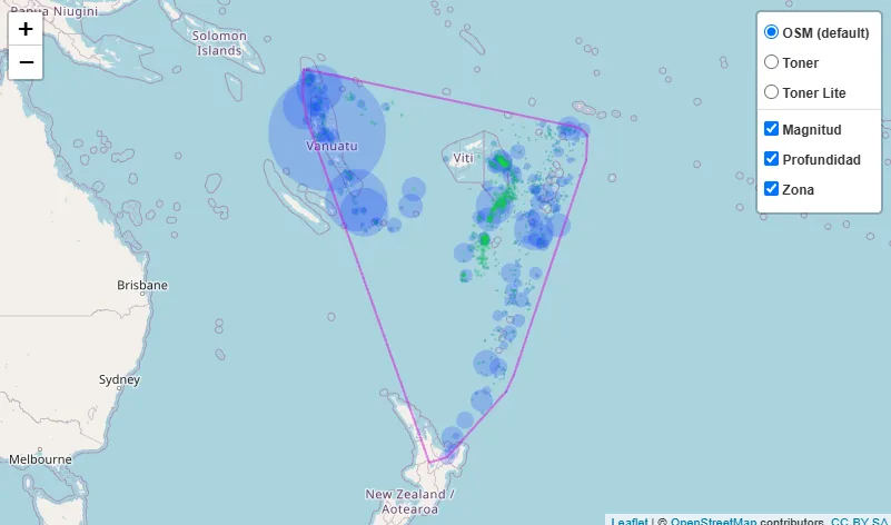 Mapa interactivo de terremotos en la región de Fiyi creado con Leaflet para R