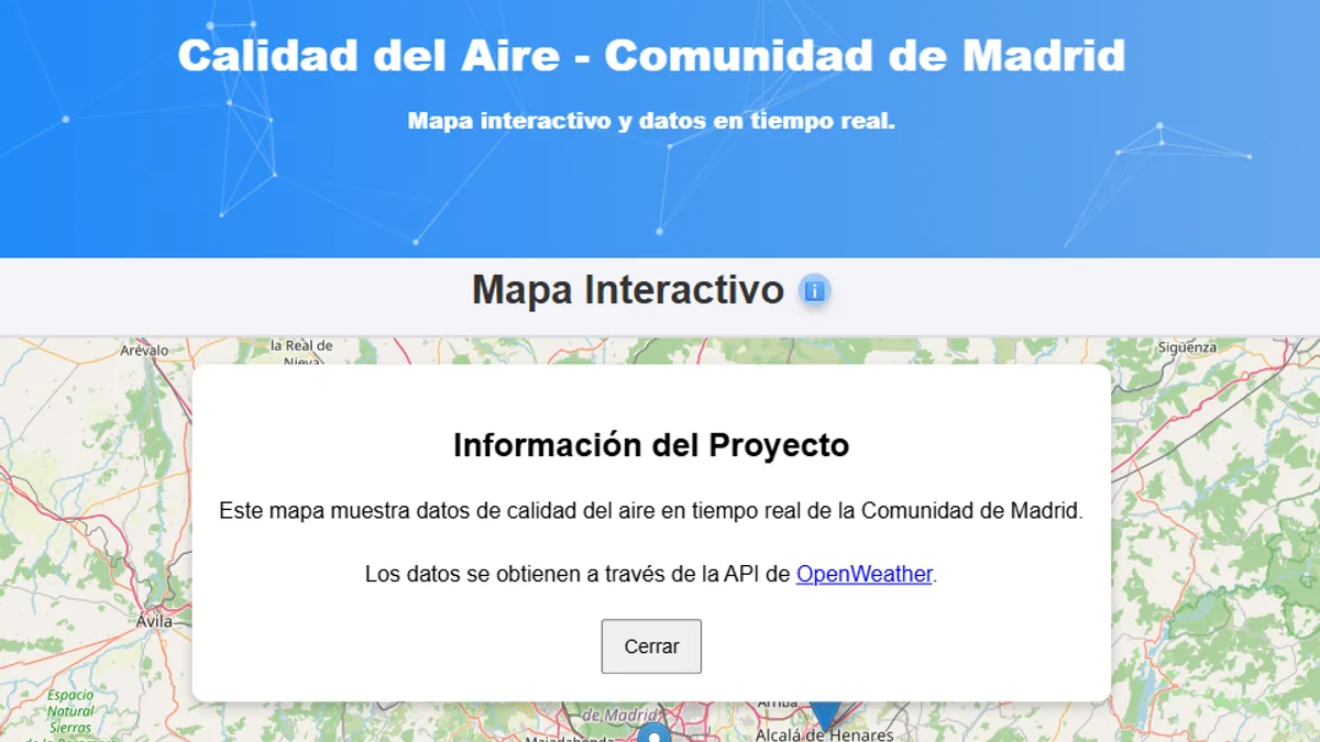 Interactive map showing air-quality data for the Madrid region